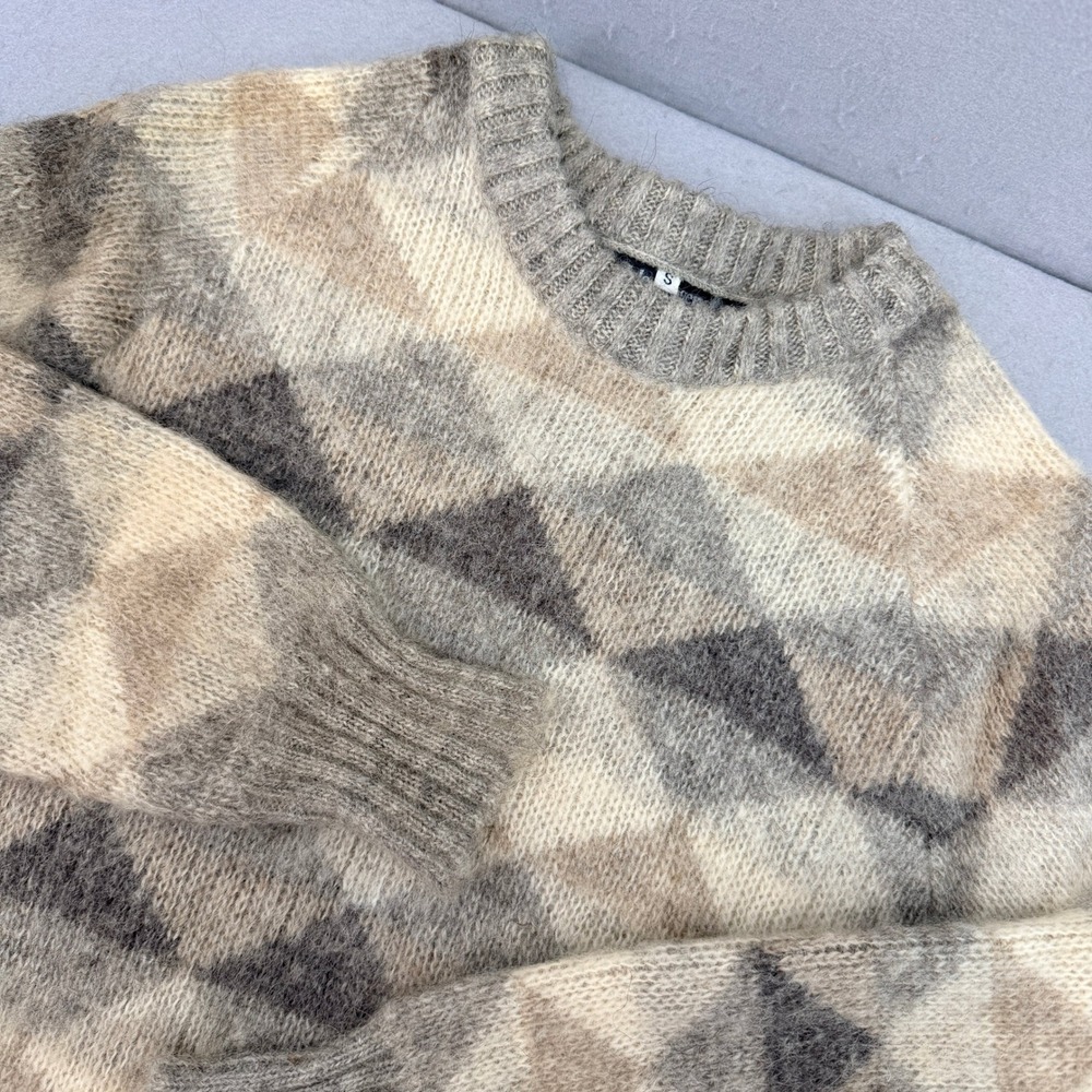 Vintage Islendingen‎ Icelandic Wool Sweater Argyle Geometric Gray Beige Small